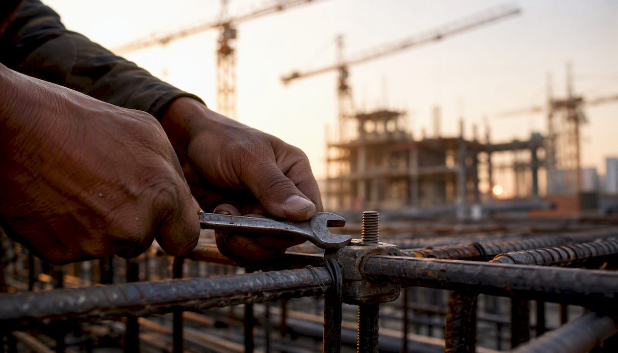 Hands tightening bolts on construction rebar