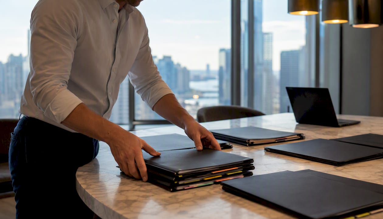 Broker organizing financial folders on desk