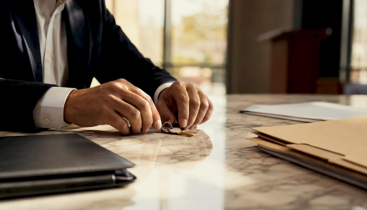 Hands holding house keys over contract folder