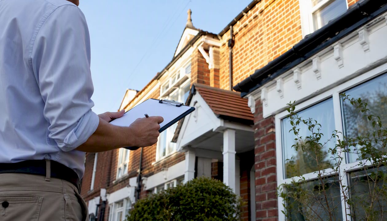 Valuer inspecting property exterior closely