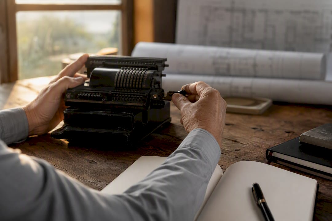 Hands using mechanical calculator for fee breakdown