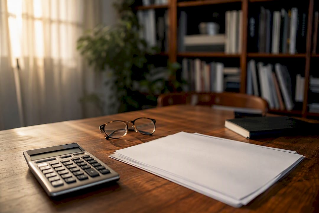 Calculator on desk with pen