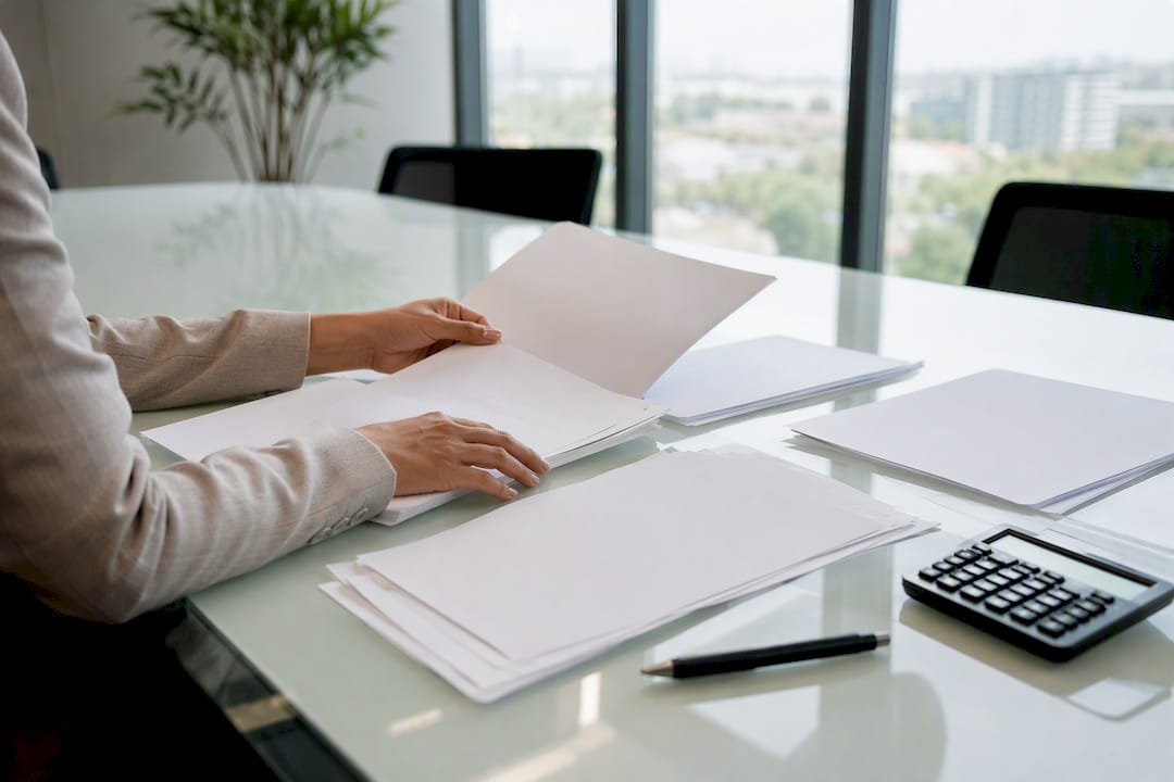 Hands arranging financial paperwork at closing