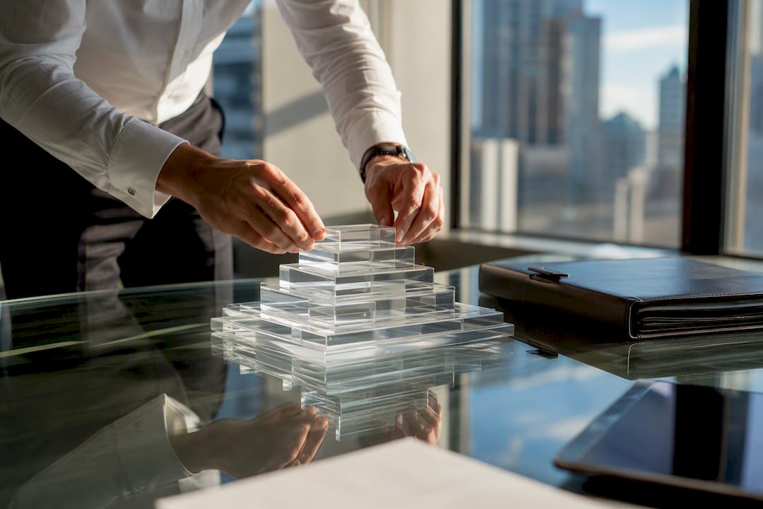 Hands layering transparent financing charts