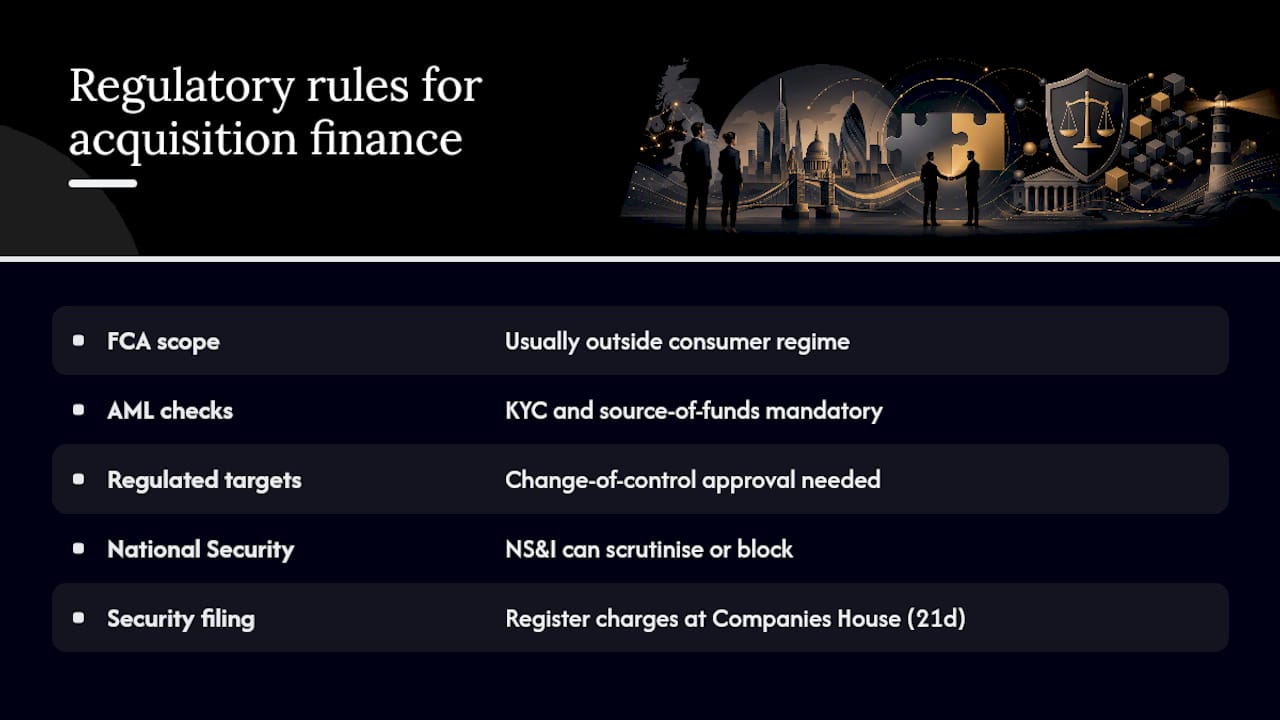 What UK regulatory and compliance rules apply to acquisition finance? — overview diagram