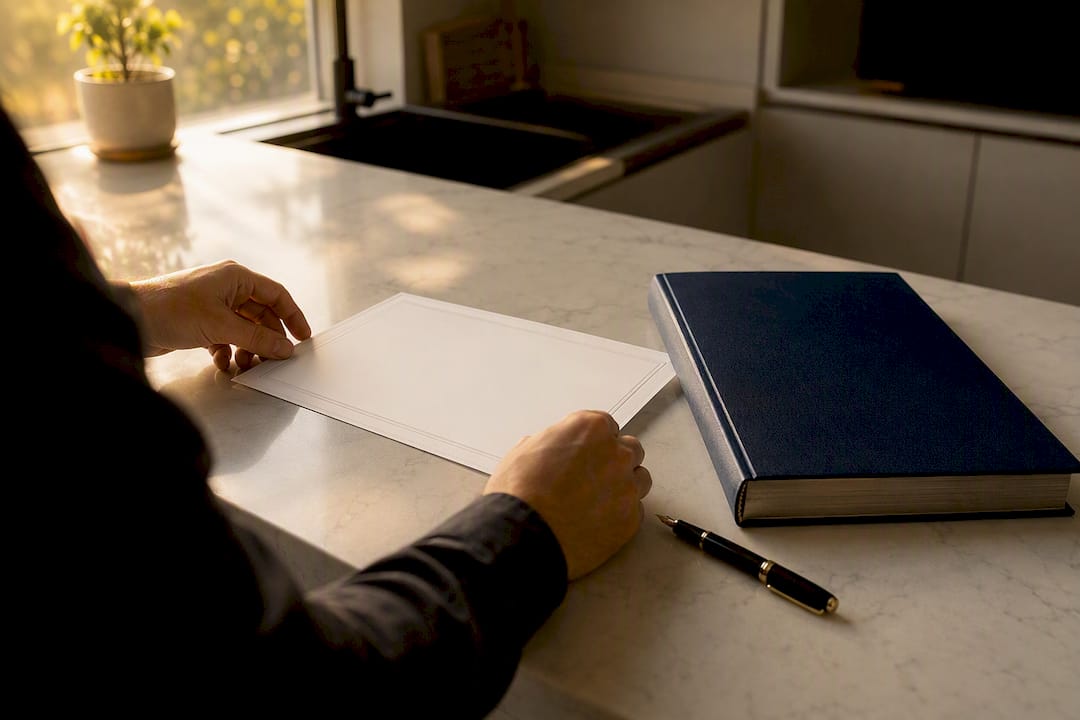 Hands placing company documents on desk