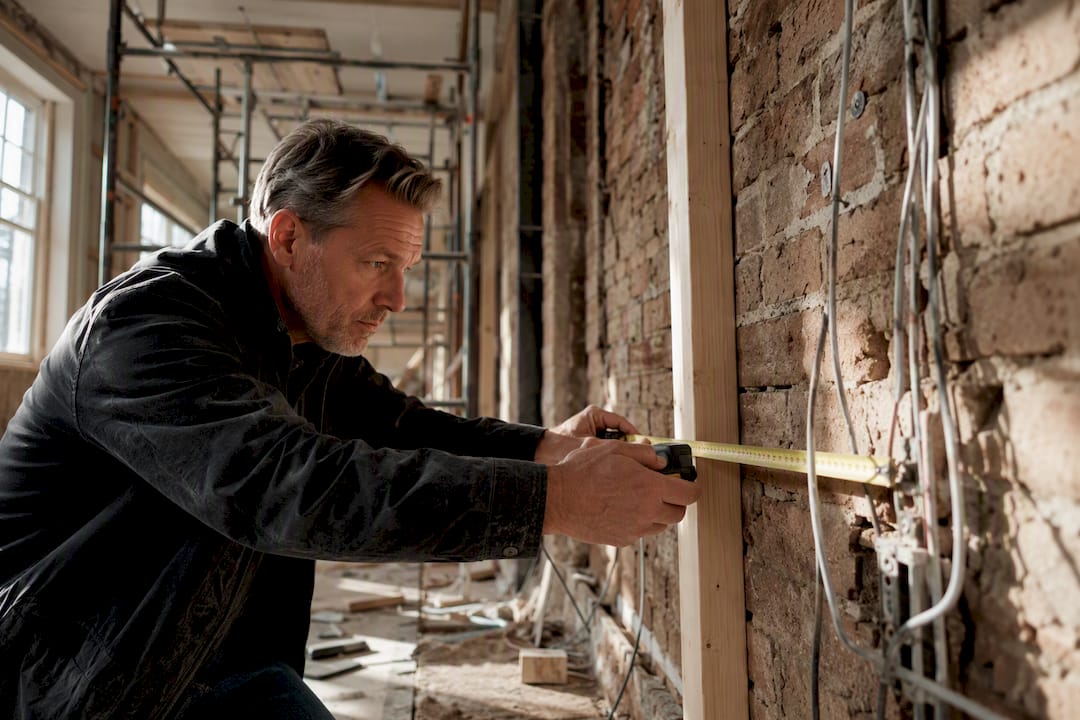 Developer measuring wall on refurbishment site