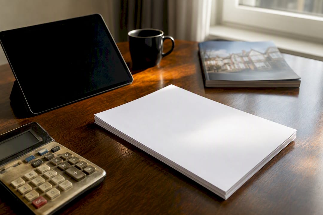 Desk with mortgage documents and calculator