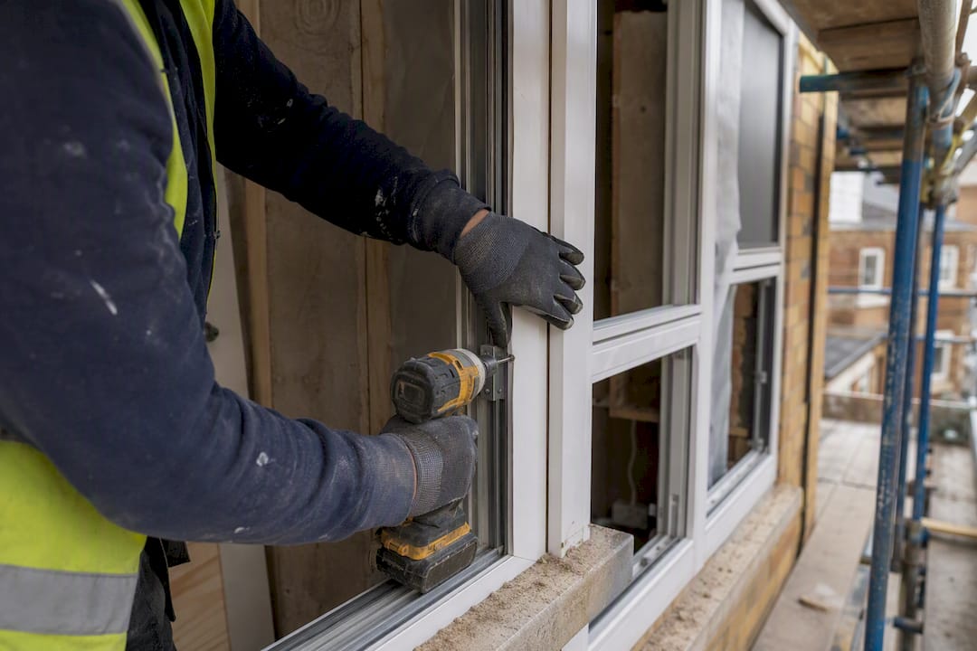 Workers installing window frames on residential conversion