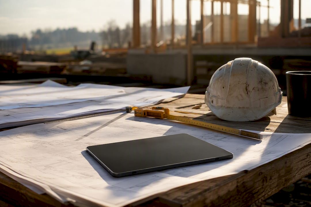 Planning blueprints and tools at site desk