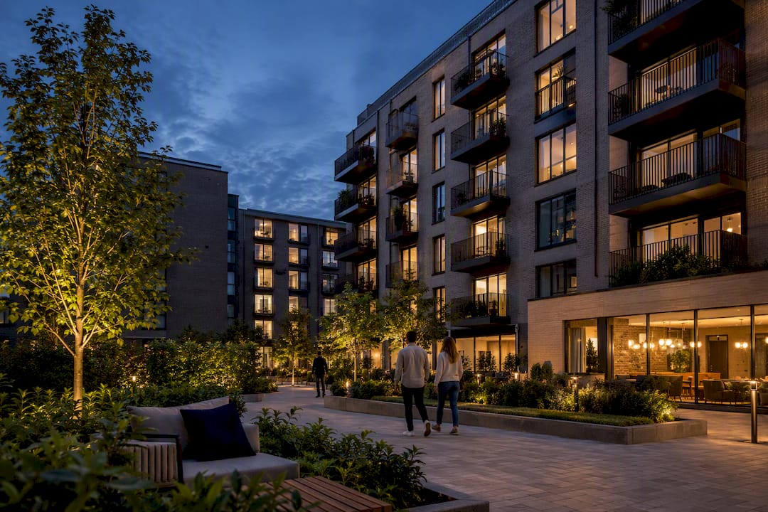 Completed build-to-rent apartment scheme at dusk