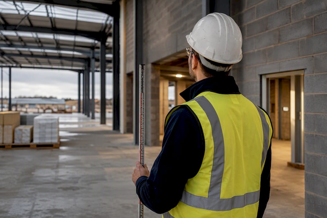 Surveyor inspecting industrial construction progress