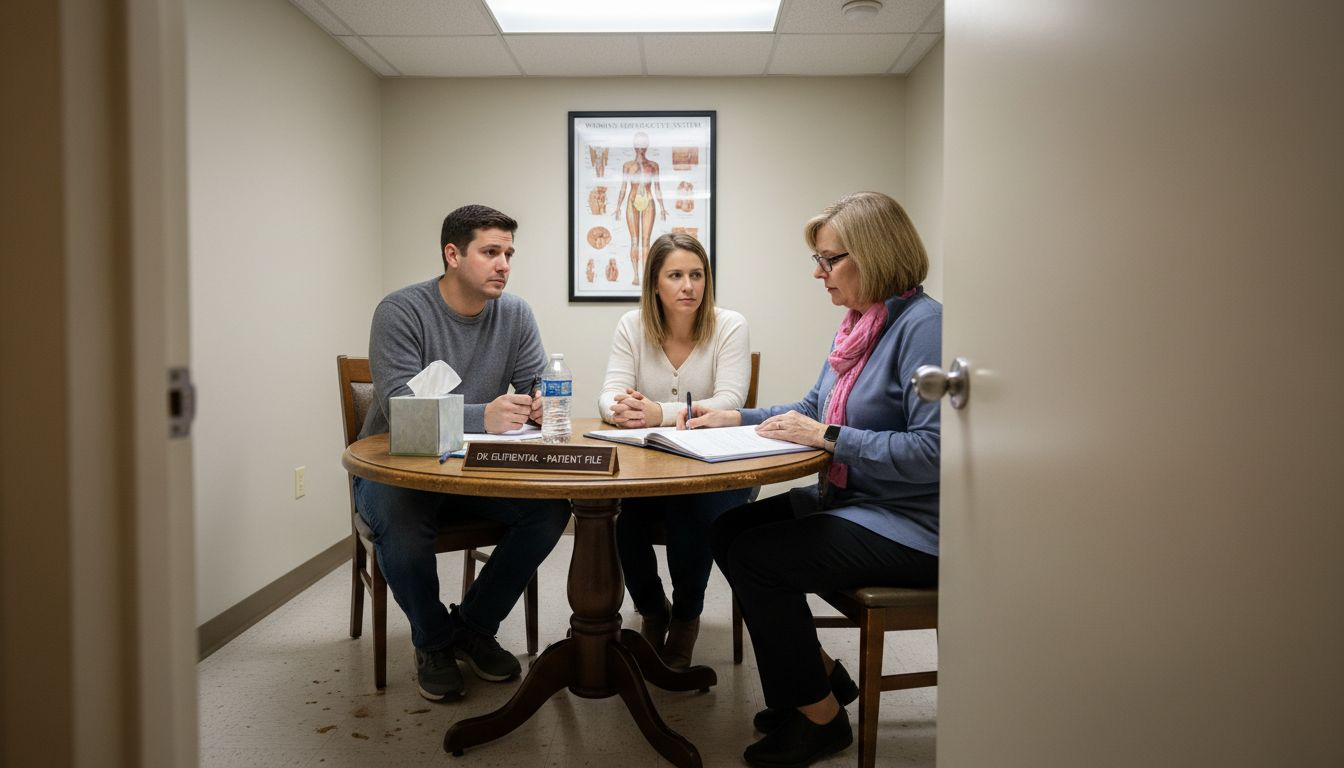 Doctor meeting couple in fertility clinic