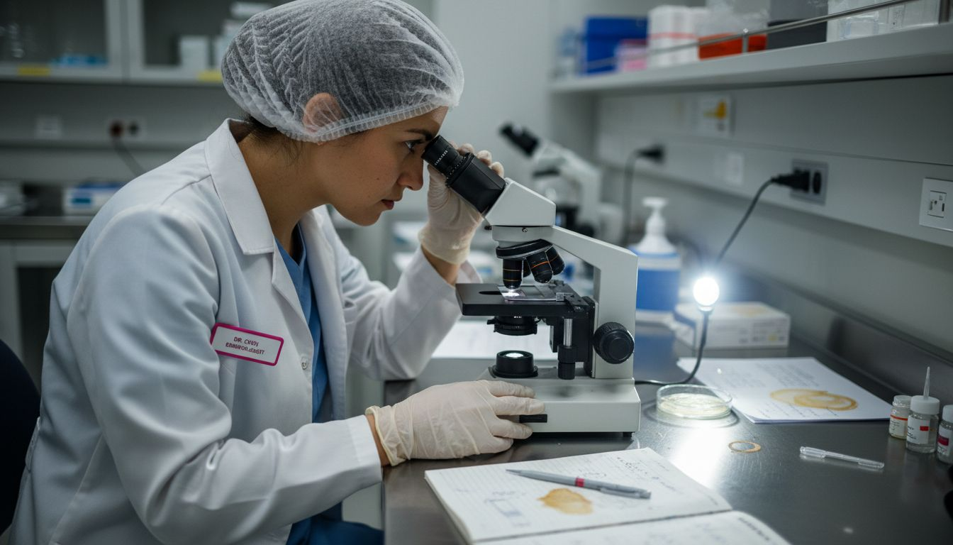 Technician analyzing egg cell under microscope