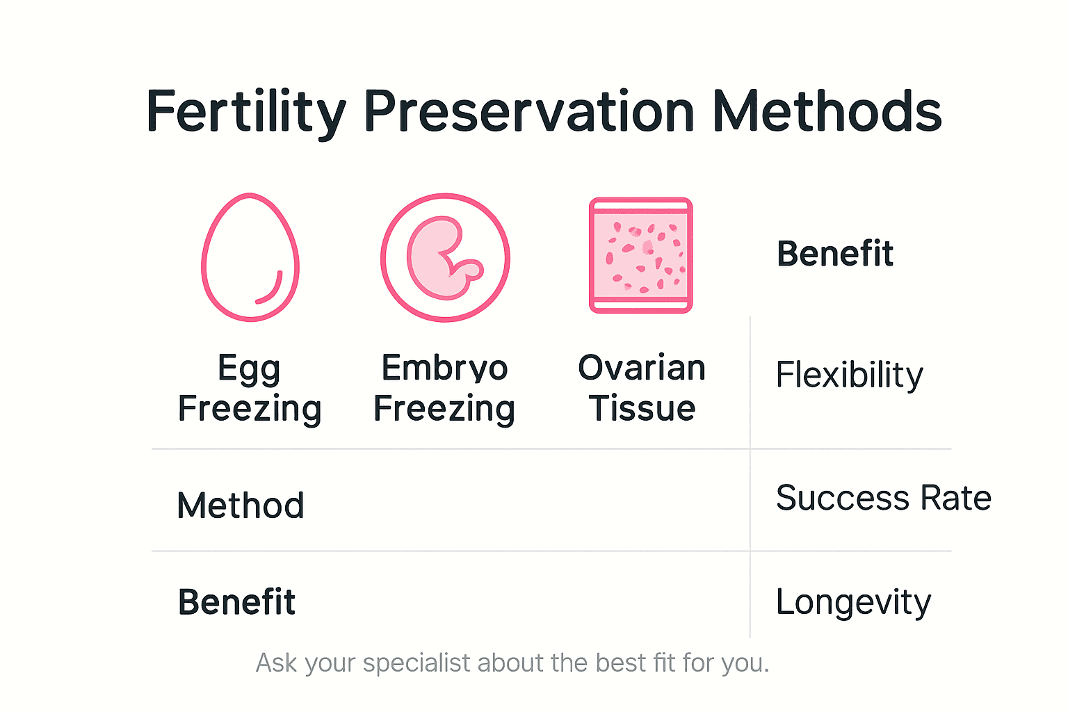 Infographic with fertility method icons and benefits