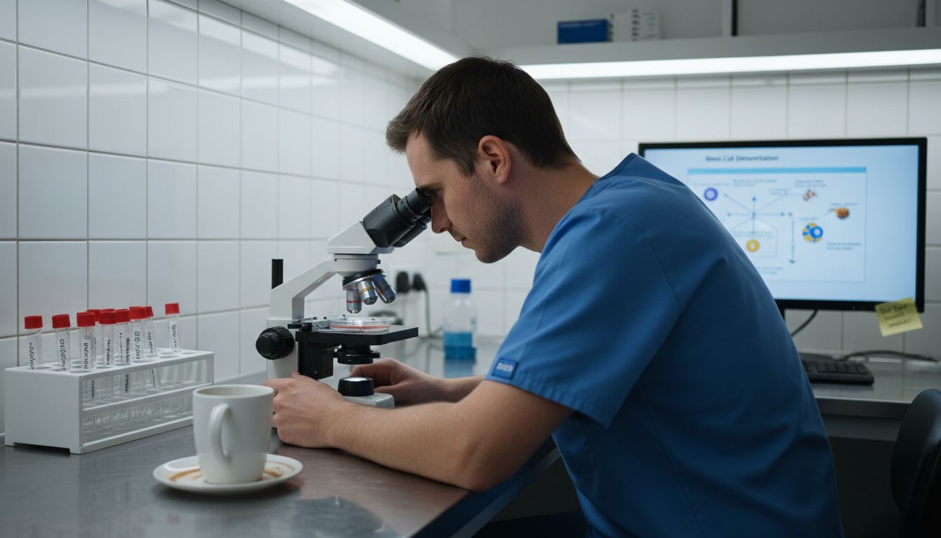 Technician studying stem cells in lab setting