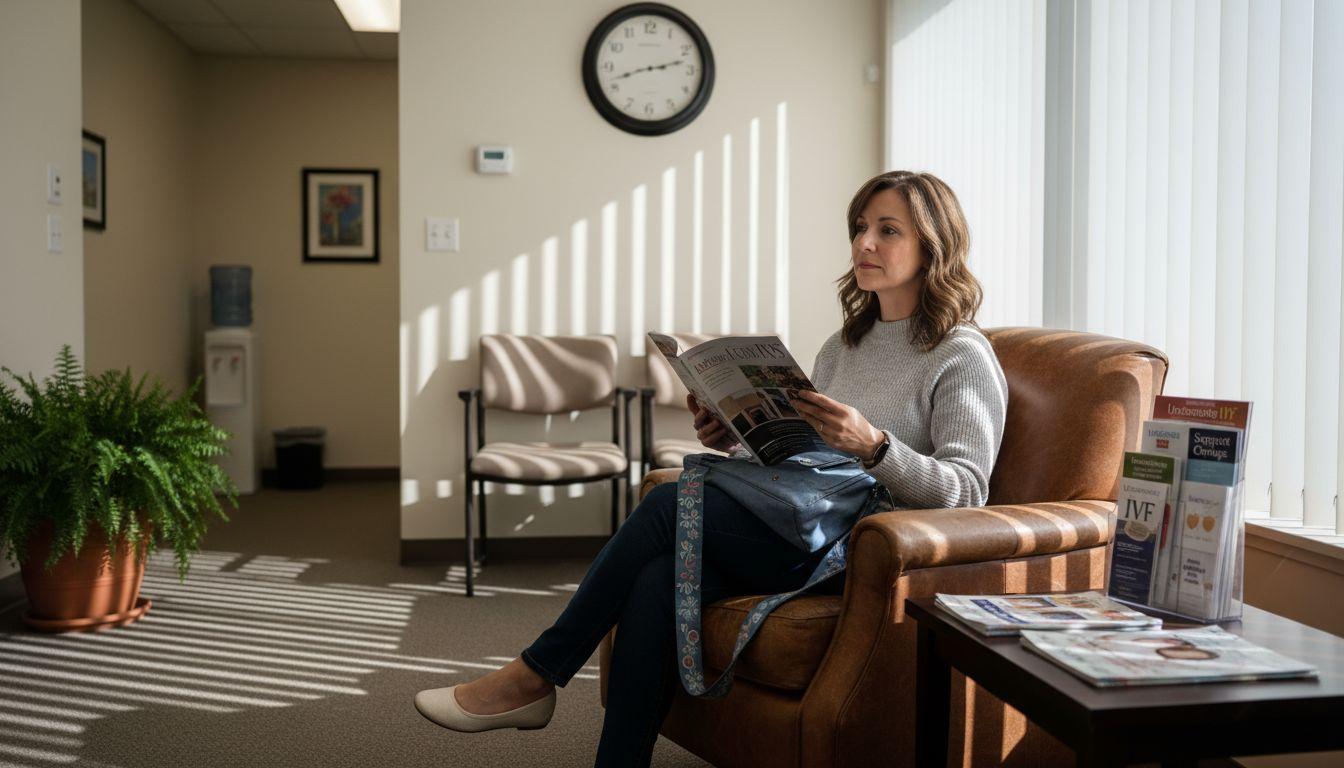 Woman in her 40s in fertility clinic lobby