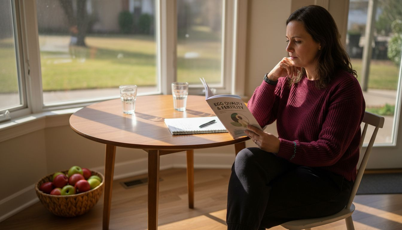 Woman reading fertility booklet in kitchen