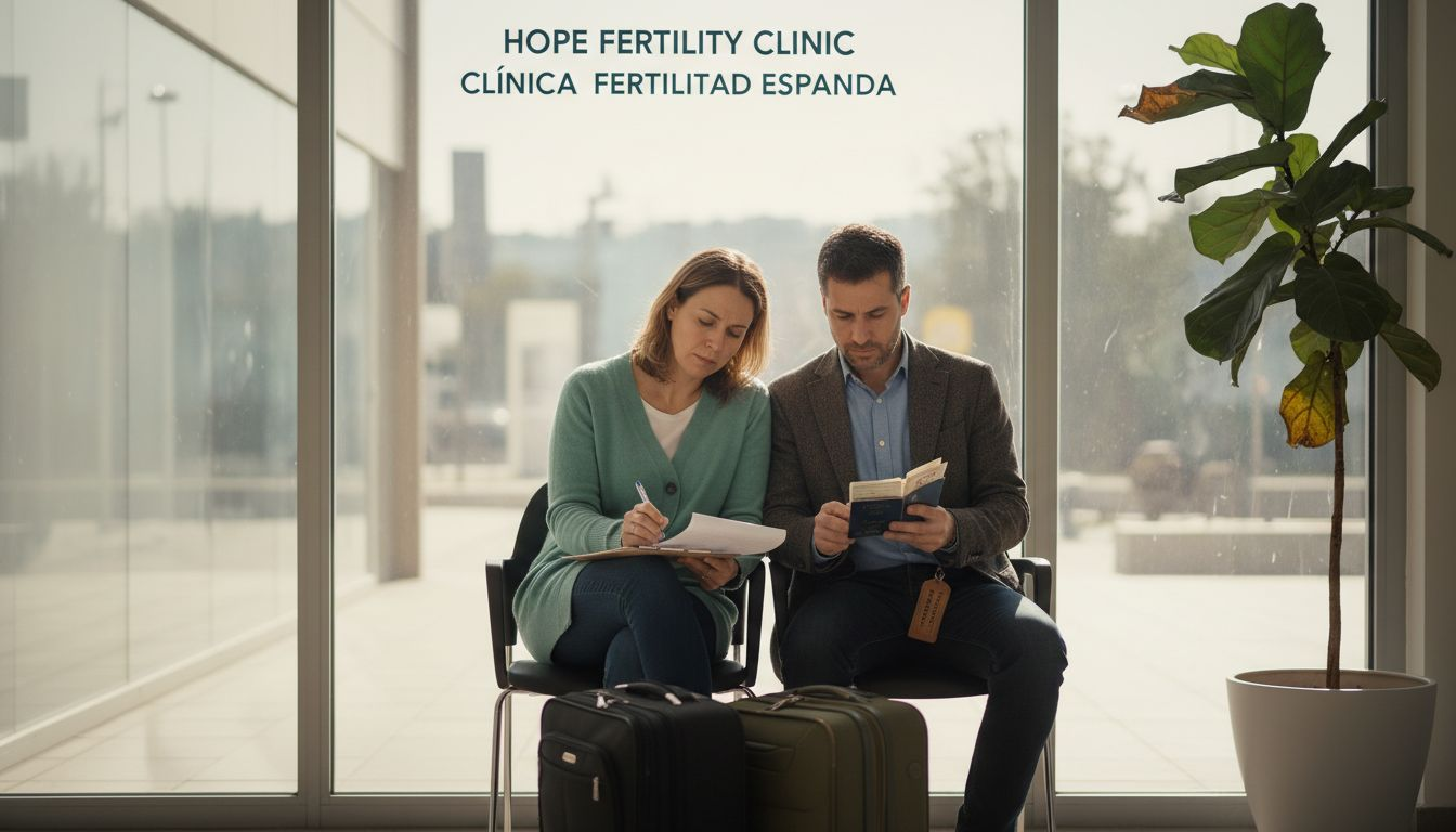 Couple reviews paperwork at IVF clinic abroad