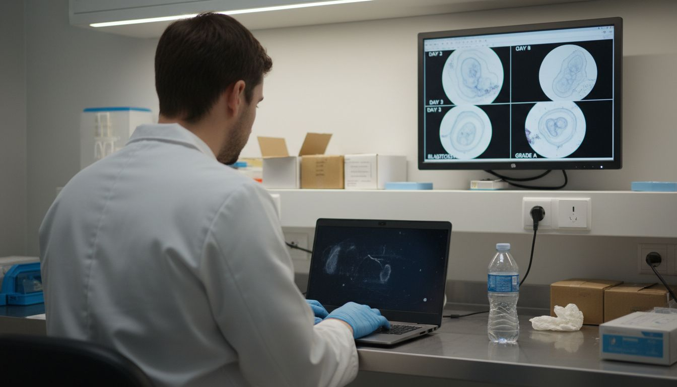 Technician enters embryo data at microscope