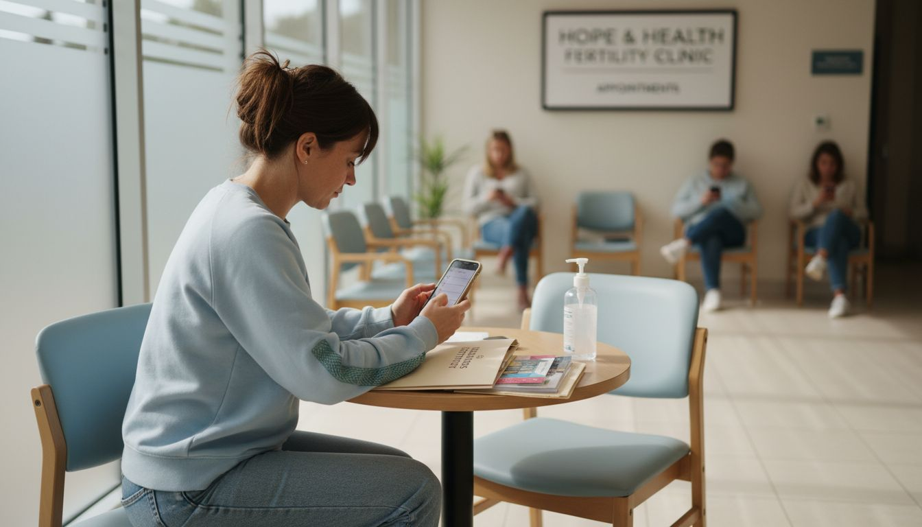 Woman reviewing egg freezing checklist in clinic waiting area