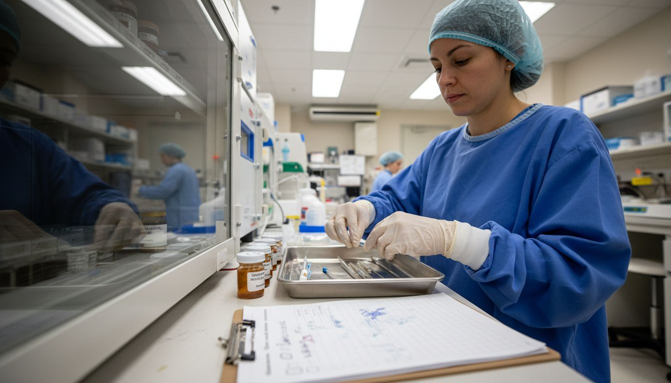Scientist prepping egg retrieval equipment in lab