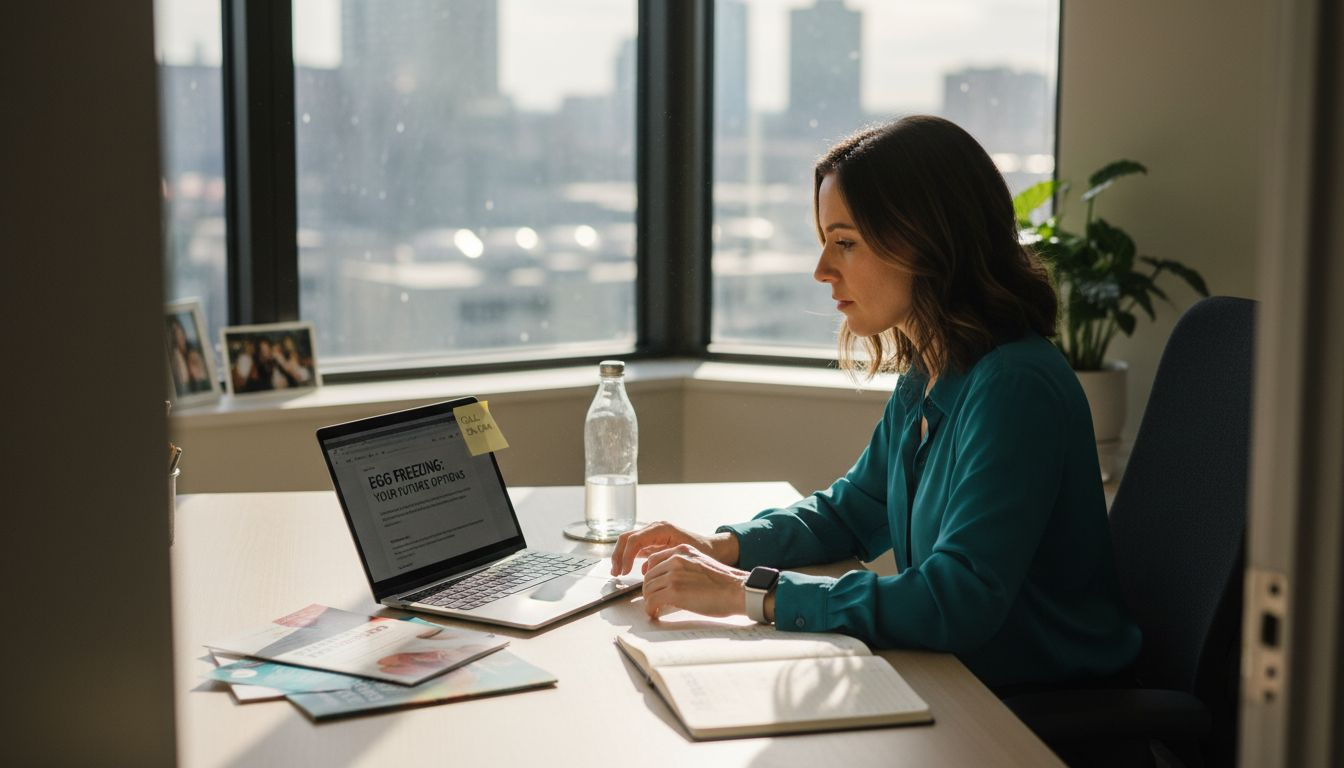 Woman researching egg freezing at office desk
