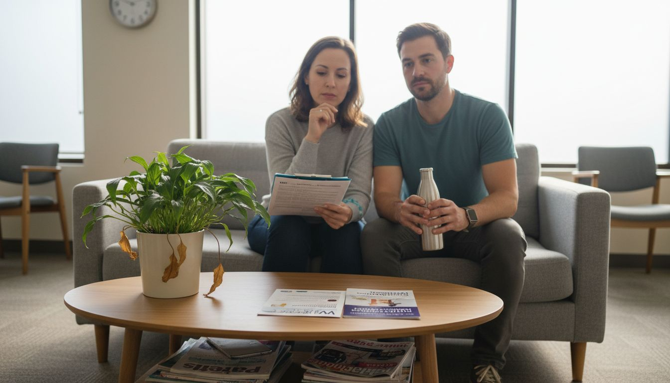 Couple waiting for IVF consultation in clinic