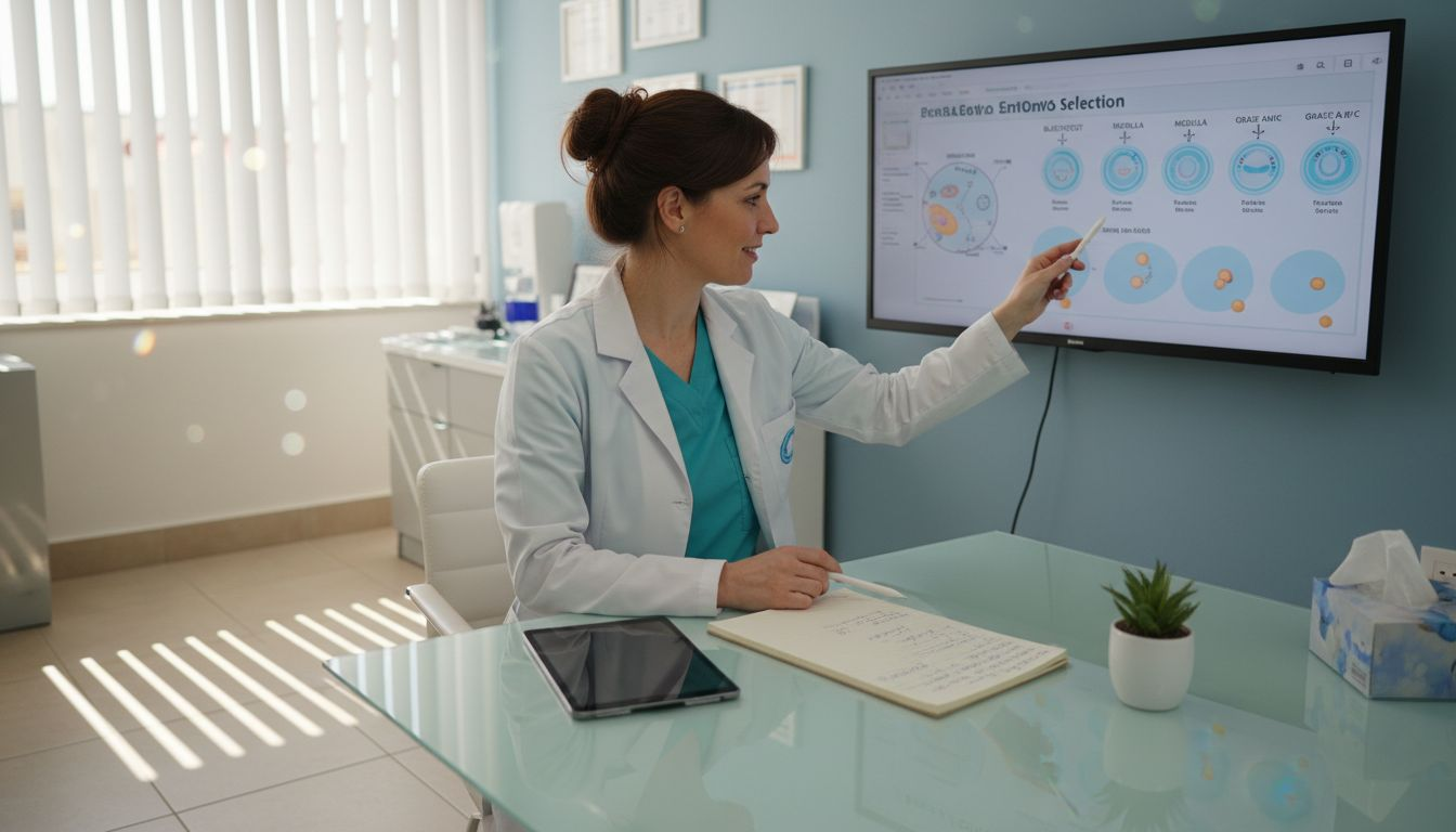 Doctor reviews digital embryo chart with AI tools