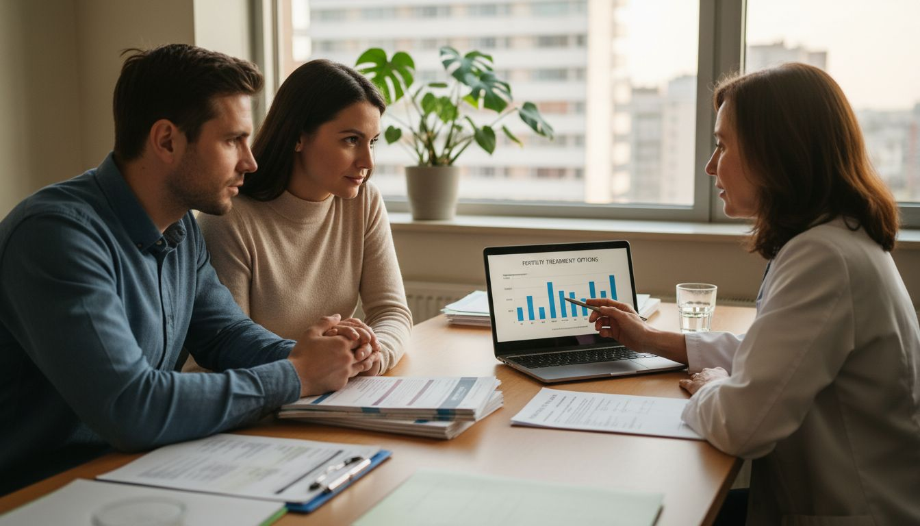 Couple consulting fertility specialist in clinic