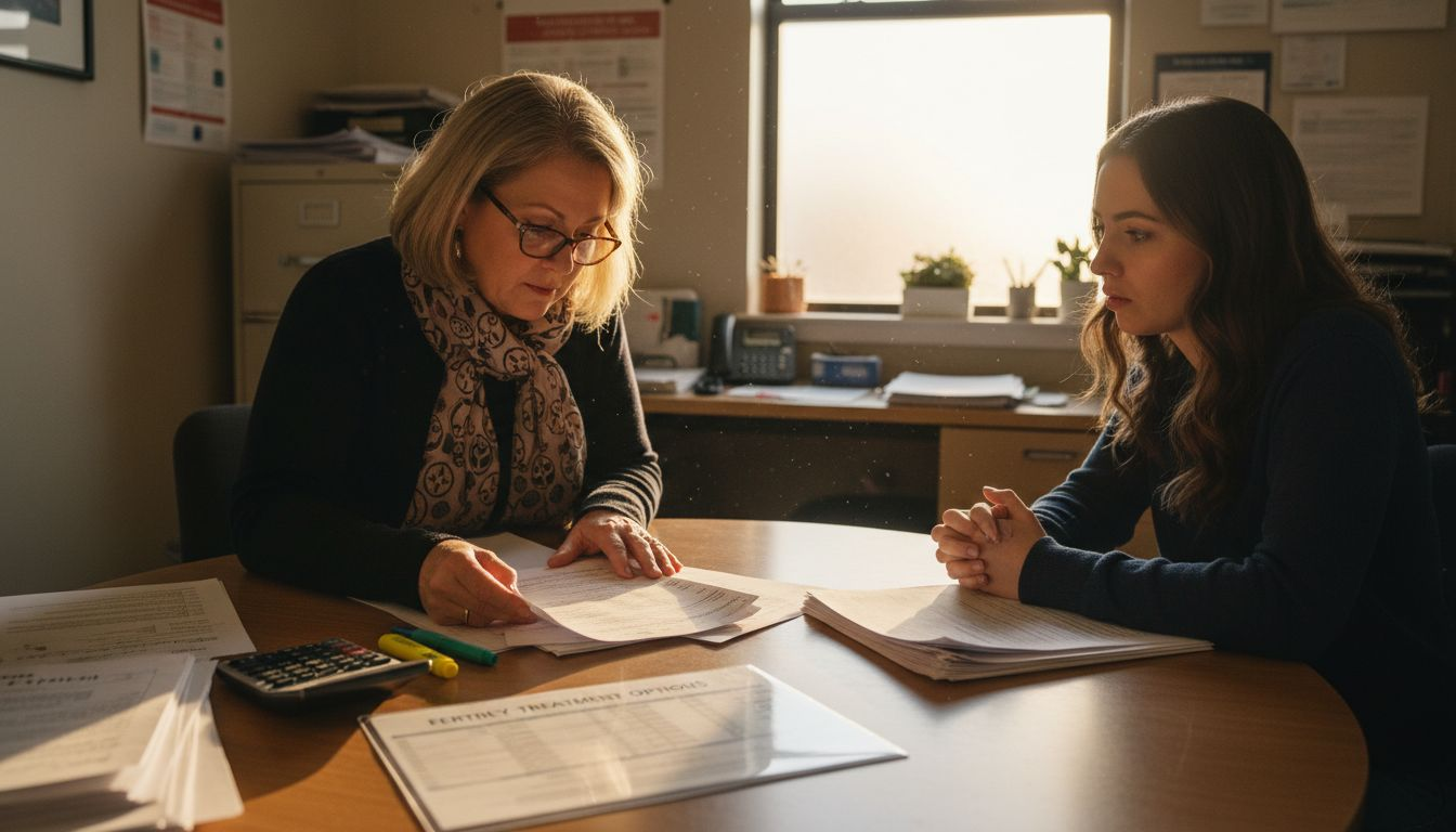 Clinic staff reviews itemized costs with patient