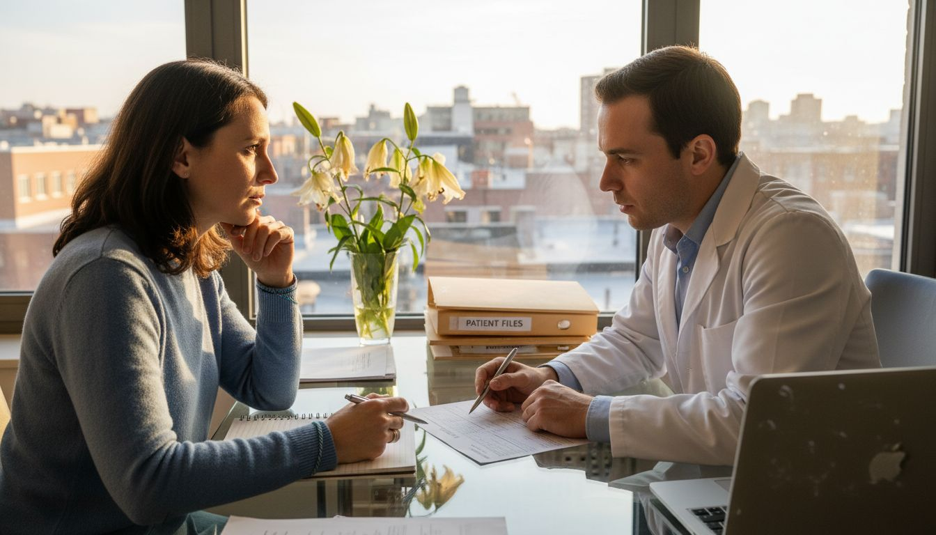 Woman consulting fertility doctor in clinic office