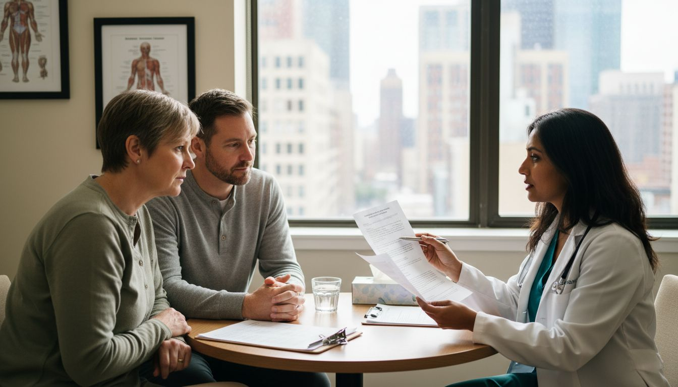 Clinic consultation with lab reports in sunlight