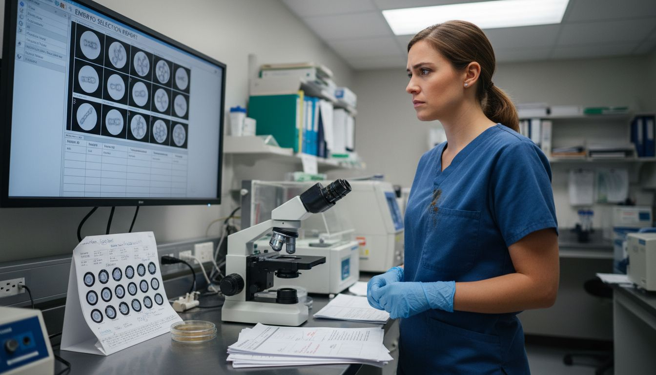 Embryologist reviewing embryo selection on monitor