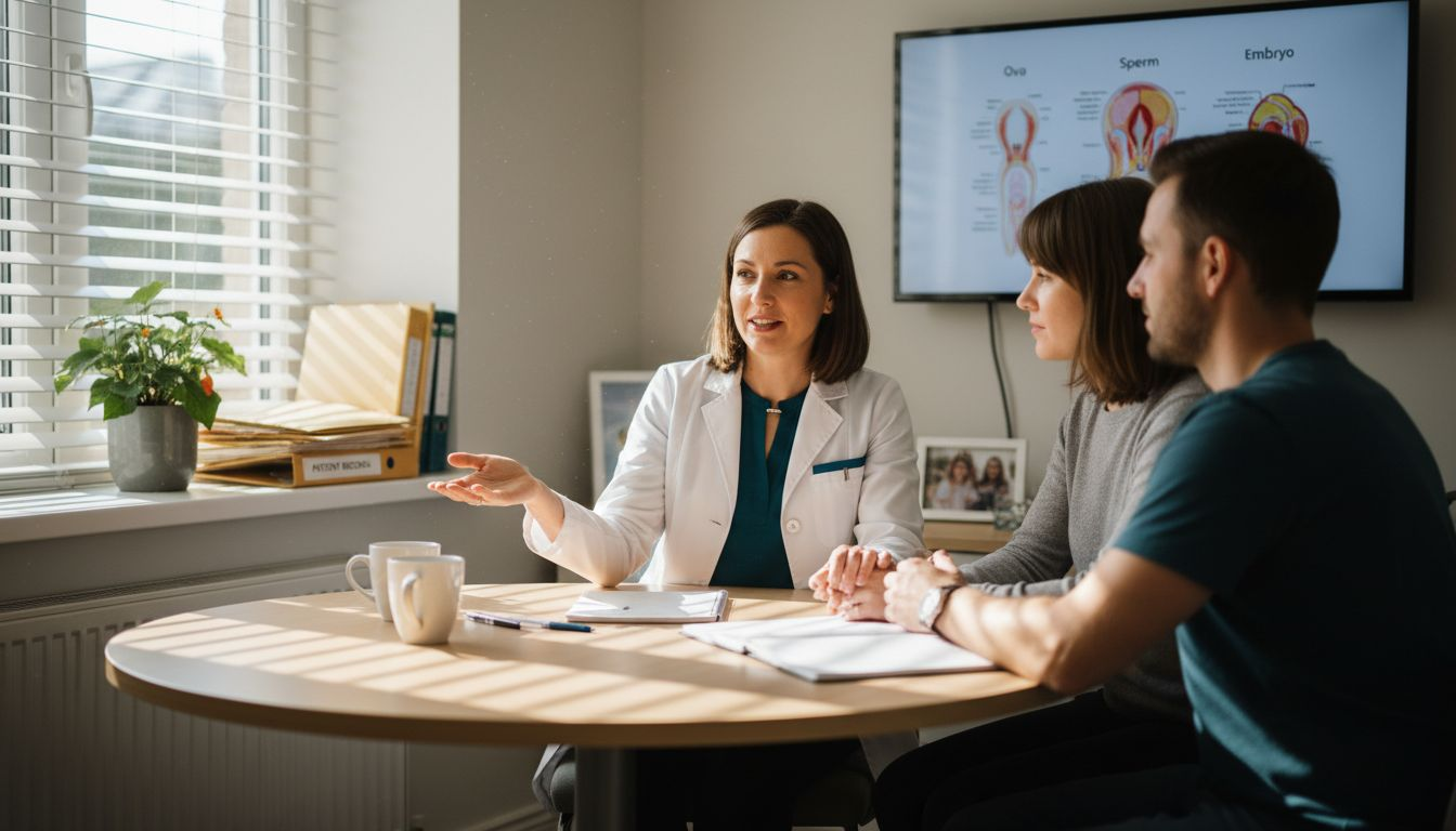 Fertility specialist consulting couple in bright clinic