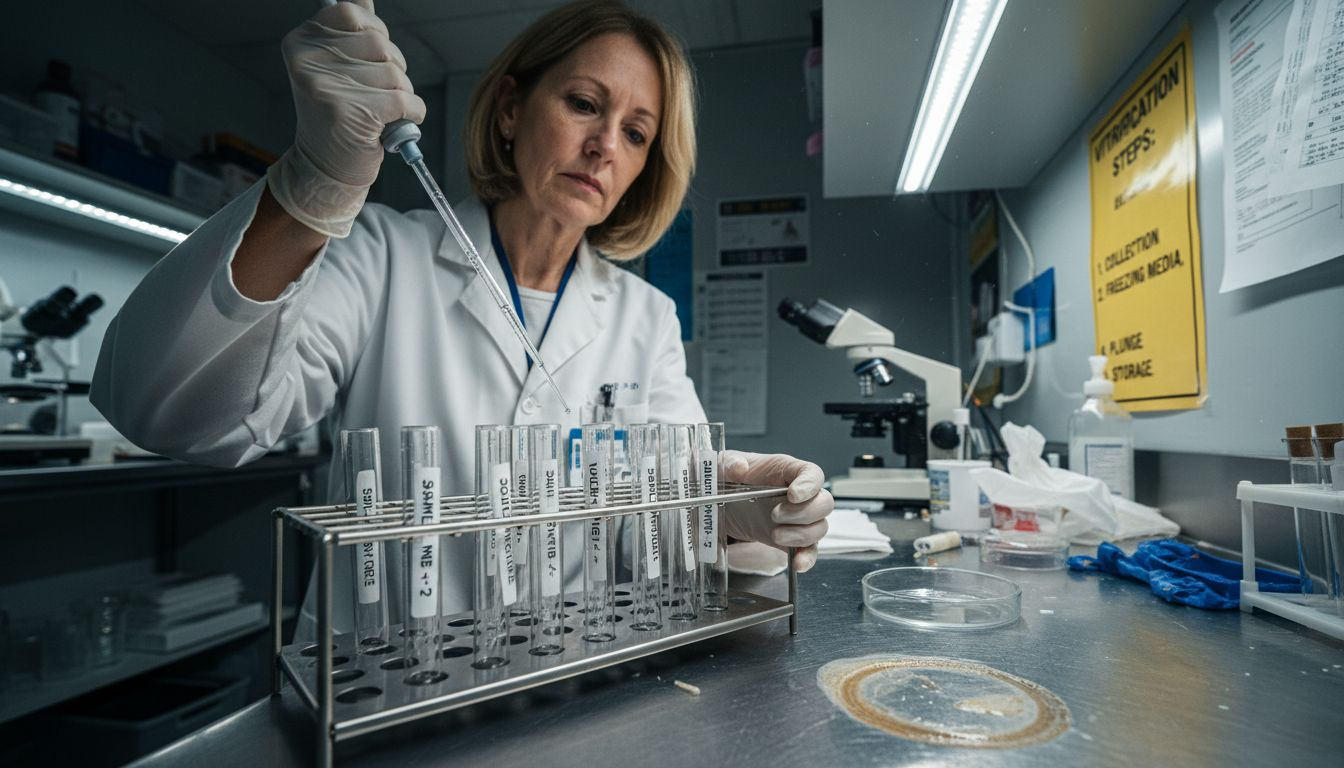 Technician preparing embryo vitrification samples