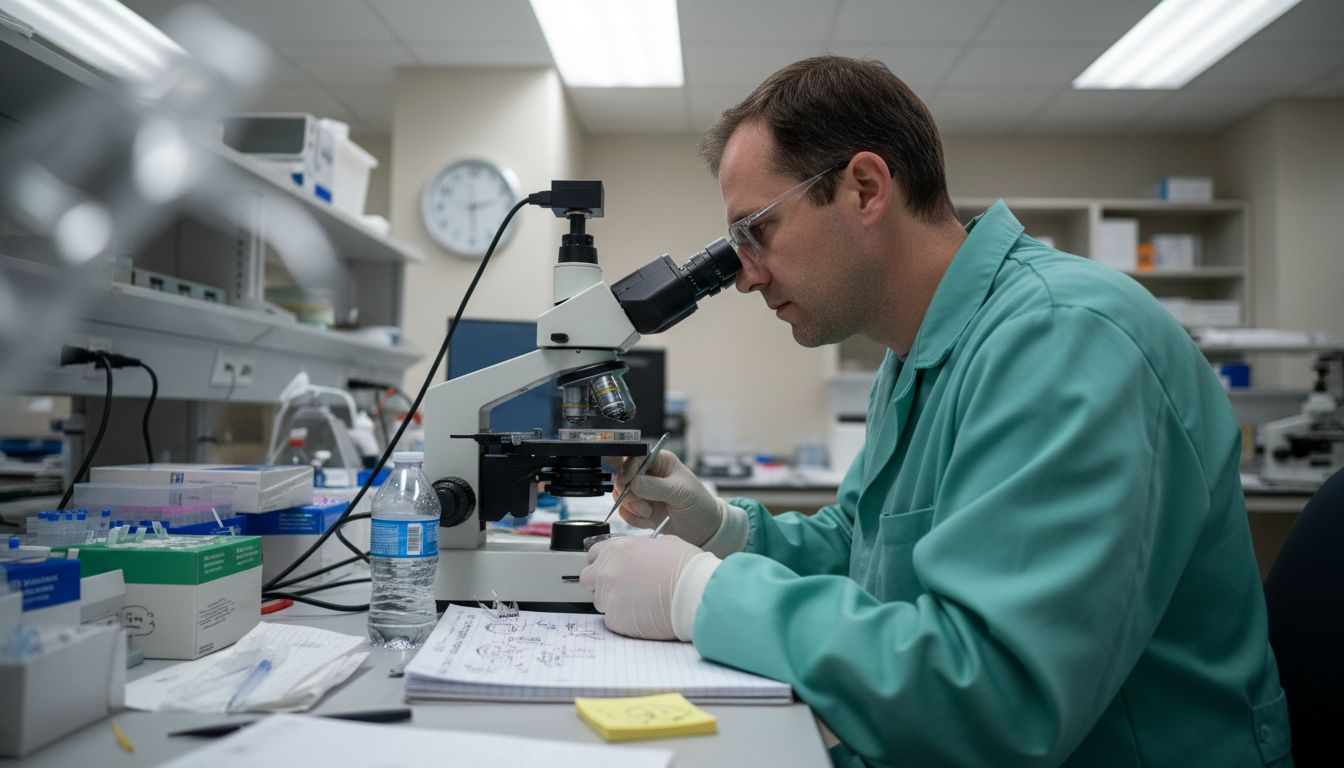 Lab technician examining embryos under microscope