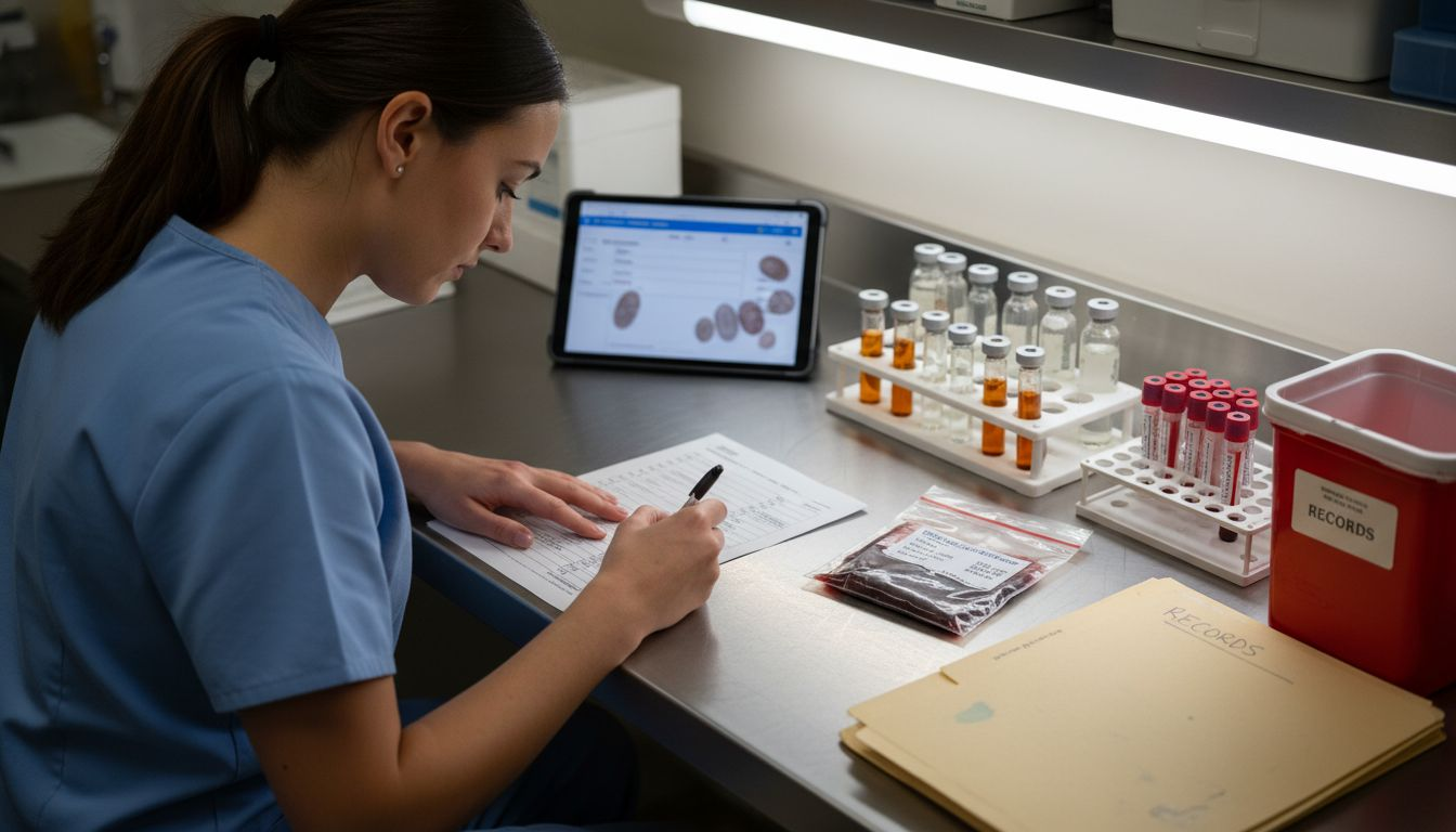 Nurse documenting fertility screening process