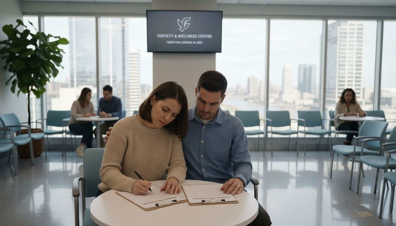 Couple waiting in modern fertility clinic