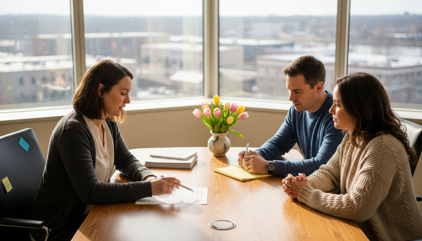 Fertility specialist consulting couple in office