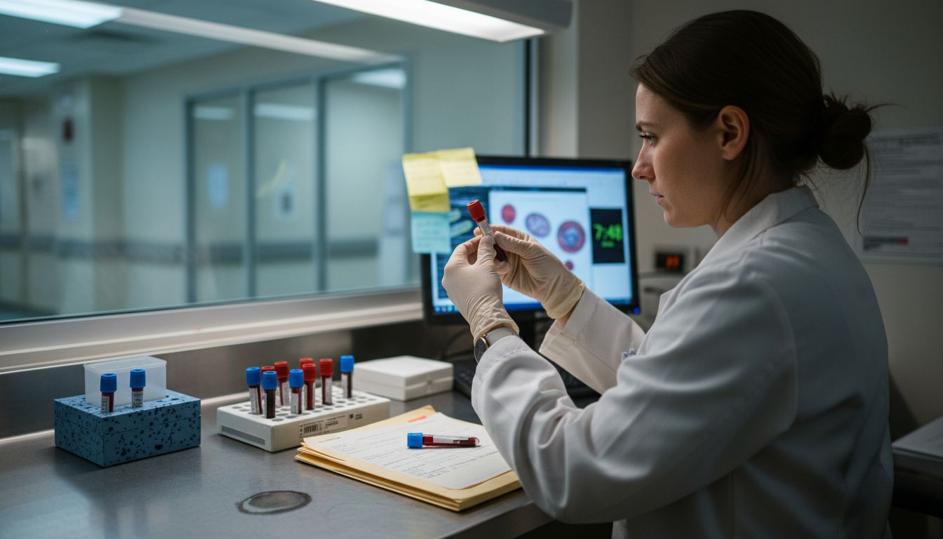 Lab technician reviewing hormone test samples