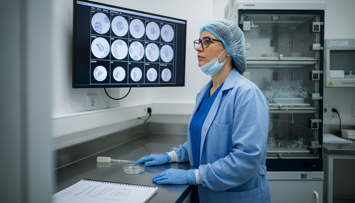 Embryologist monitoring IVF embryos in clinic