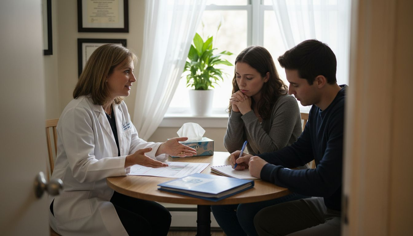 Doctor consults couple in fertility clinic room