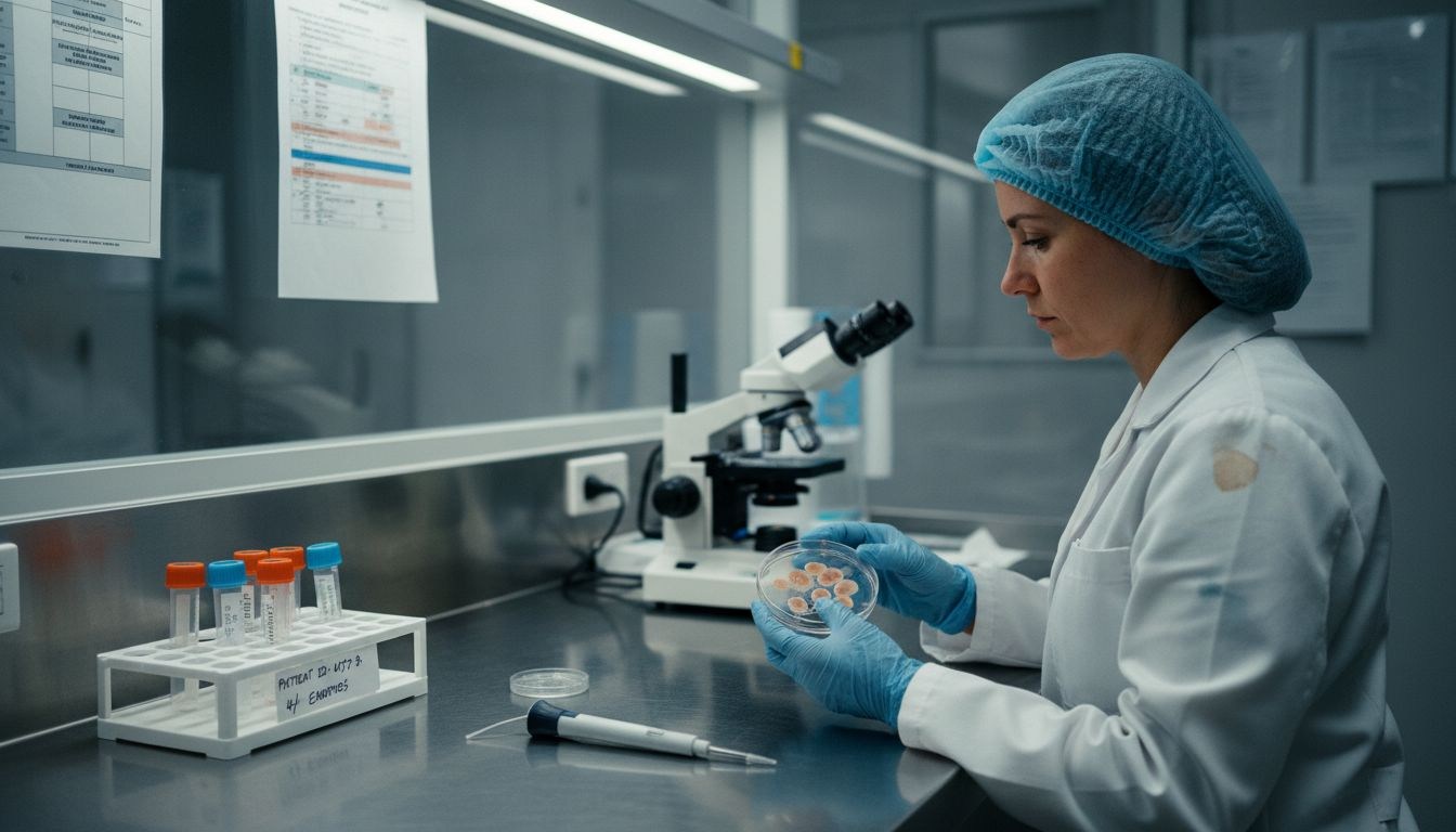 Technician manipulates embryos in IVF lab