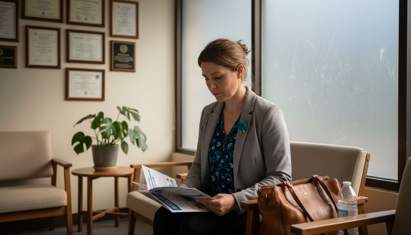 Woman reading egg freezing brochures at clinic