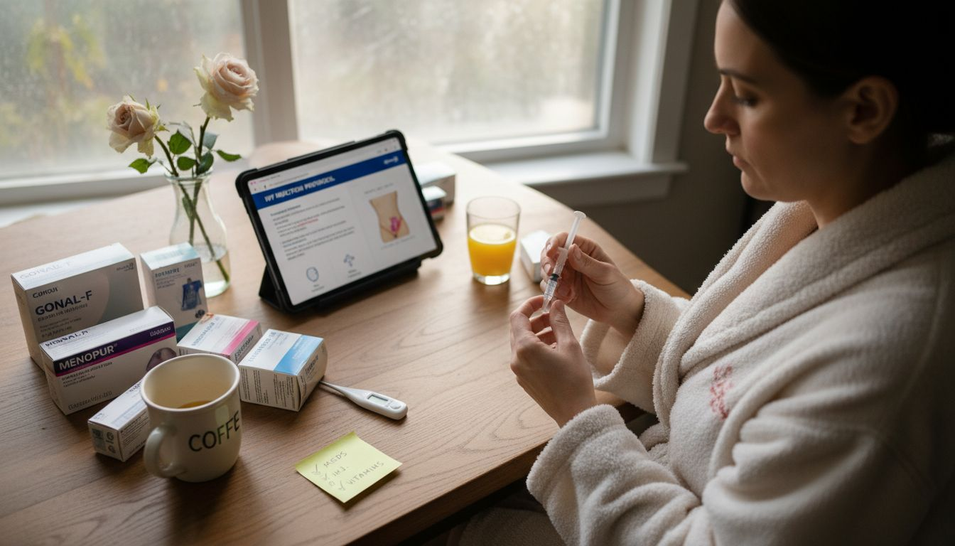 Woman prepares IVF hormone injection at kitchen