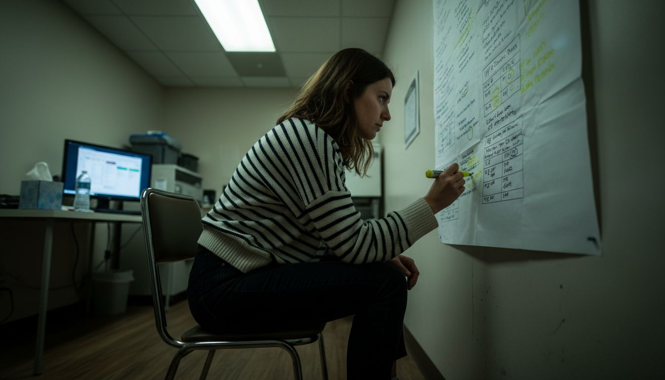 Woman reviewing fertility rate charts wall display