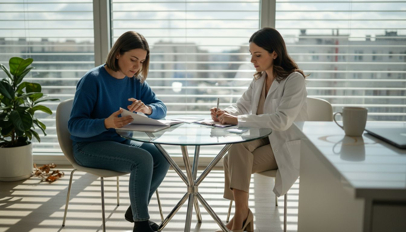 Woman consulting with fertility specialist in clinic