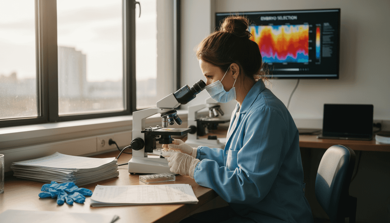 Embryologist analyzing embryo samples in lab