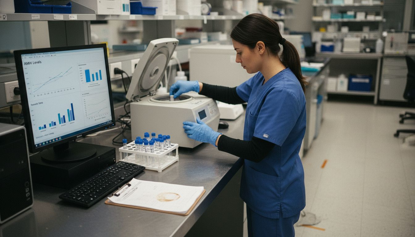 Technician operating fertility lab equipment